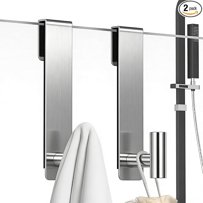 PMMASTO Shower Door Hooks, (7.5 Inch) Extended Towel Hooks for Bathroom Frameless Glass Shower Door, Stainless Steel Heavy Duty Hooks (Silver, T Shape-Fits 3/8" Thick Door)