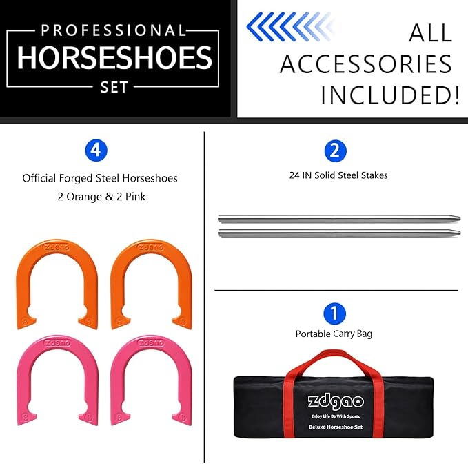 Horseshoes Outside Game Set-Portable Outdoor Horseshoe Set Includes 4 Professional Solid Steel Horseshoes with Solid Steel Stakes & Carrying Bag, Perfect for Backyard and Beach