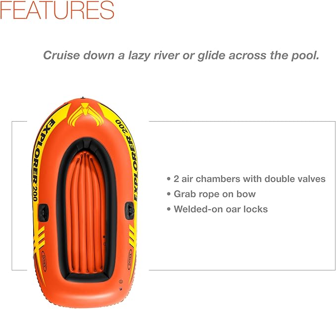 INTEX Explorer Inflatable Boat Series: Dual Air Chambers – Welded Oar Locks – Grab Handles – Bow Rope – Sporty Design