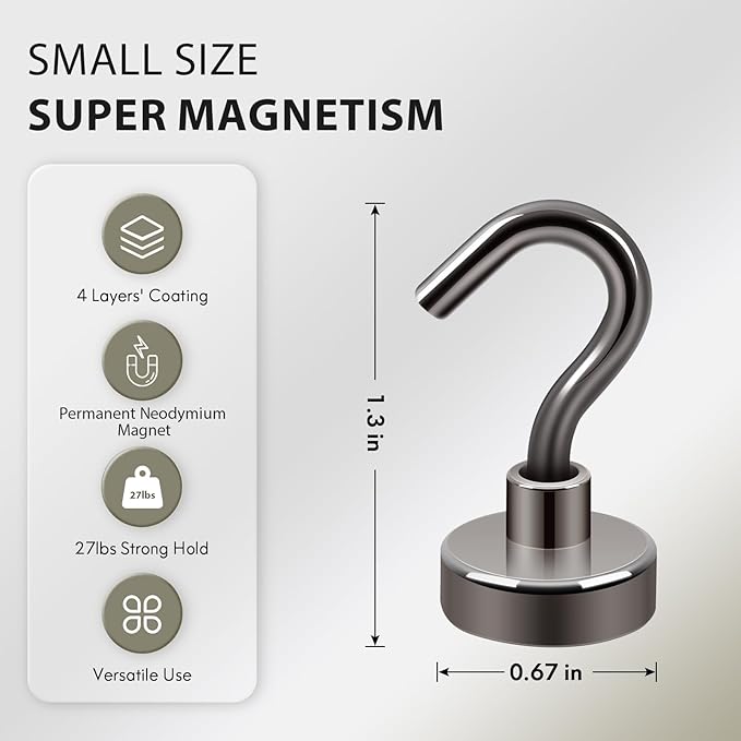Neosmuk Magnetic Hooks, Heavy Duty 30lb+ Strong Magnet Hook for Cruise Cabins, Cruise Ship Essentials for Hanging, Metal Wall Refrigerator Hangers (Gunmetal, 10 Pack)