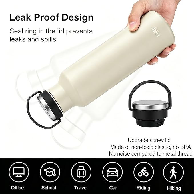 TYESO Stainless Steel Vacuum Insulated Water Bottle, Insulated Water Bottle with Soft Silicone Carry Handle (KHAKI, 25 OZ)
