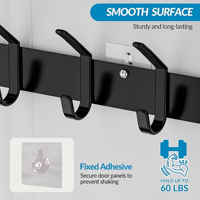 Over The Door Hooks Organizer, Over The Door Towel Rack with Mesh Basket, 10 Coat Hooks and 2 Wreath Hangers, Bathroom Door Organizer Back of Door Hanger for Bedroom, Kitchen(Black)