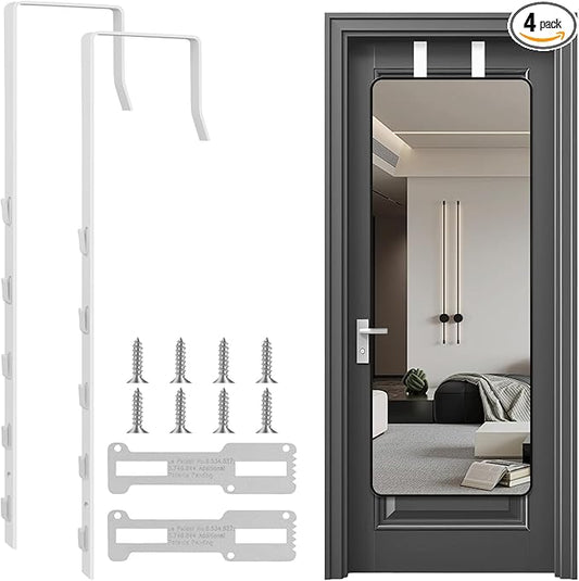 2 PCS Over The Door Mirror Hanger, Adjustable Door Mirror Hanger, Five-Hole Over The Doors-Mirrors Hook, Mirrors Doors Hangers with 2 Iron Filings and Screws (White)