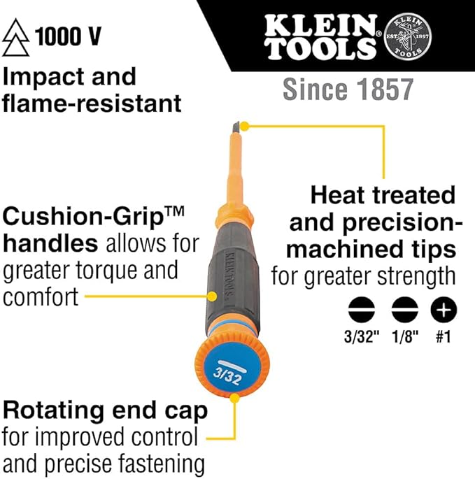 Klein Tools 6273INS Insulated Precision Screwdriver, 1/16-Inch Mini Electrician Screwdriver, 1000-Volt Cushion Grip Handle