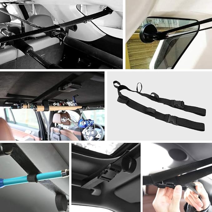 Hysagtek 6点セット 車載釣り竿ラックキット 2点 車用釣り竿ホルダーと4点 強力吸盤 調整可能なストラップ 釣り竿ホルダーキャリア収納ラック