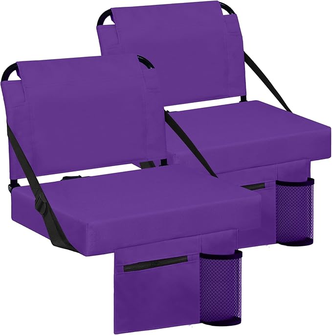 Stadium Seats for Bleachers 2 Pack w/Back Support Bleacher Seat Soft Cushion Light Weight Includes Shoulder Strap & Cup Holder, Front & Back Zipper Pocket, Suitable for Sports Events,Purple