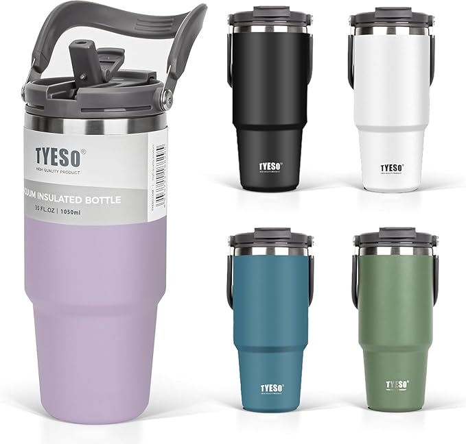 TYESO Tumbler with Handle,Tumbler with Straw, Vacuum Insulated Water Bottle,Double Wall Stainless Steel Coffee Cup Travel Mug Leak Proof Flip (Purple, 40 oz)