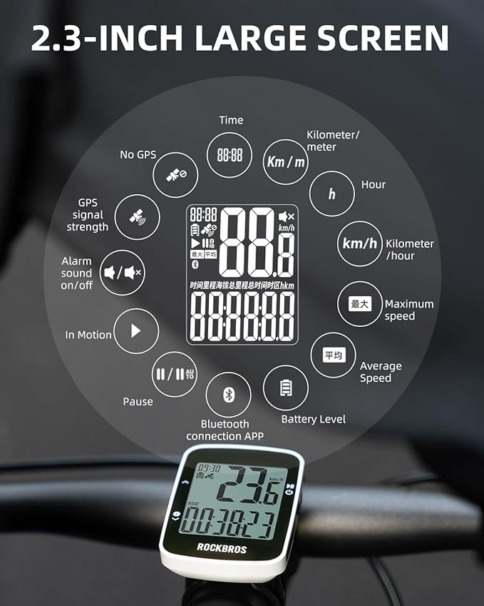 ROCKBROS Bike Computer Bike Speedometer GPS Wireless Cycling Computer with Bluetooth, IPX7 Waterproof,600mAH Battery and 2.3" Large Display