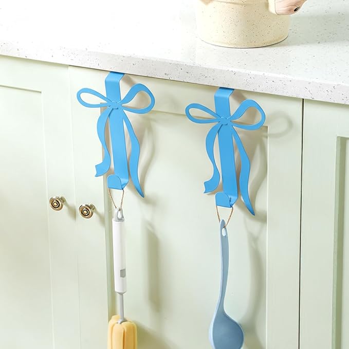 Chunful 2 Pack Bow Over The Door Hook, Metal Strong Door Hanger Hook Coquette Room Decor Bow Accessories for Cabinet Living Room Bathroom Bedroom Kitchen Hanging Clothes Towels Hats Coats Bags(Blue)