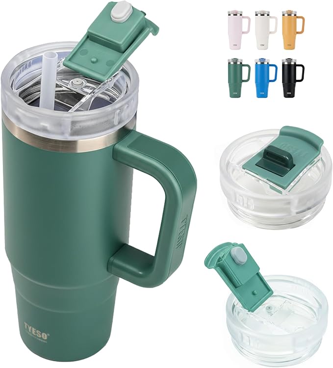 TYESO Vacuum Insulated Tumbler Water Bottle Cold Insulation Stainless Steel Bottle Straw Handle Mug Double Wall Wide Mouth (DARK GREEN, 30 oz)