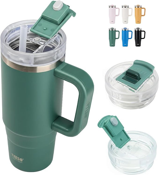 TYESO Vacuum Insulated Tumbler Water Bottle Cold Insulation Stainless Steel Bottle Straw Handle Mug Double Wall Wide Mouth (DARK GREEN, 30 oz)