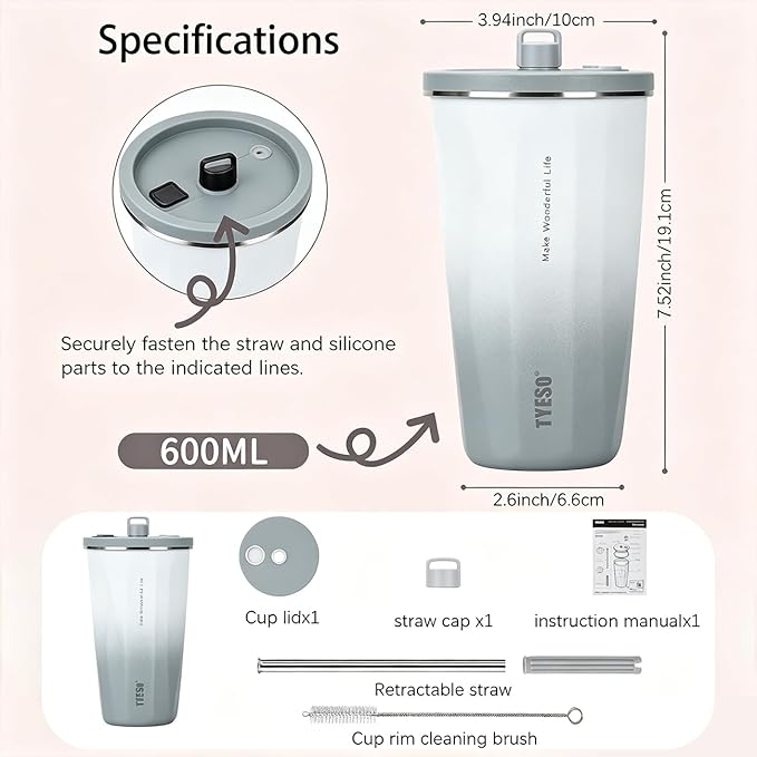 TYESO Stainless Steel Coffee Bottle, 20oz Wide Mouth Travel Coffee Cup with Straw, Vacuum Insulated Stainless Steel Tumbler, Hot & Cold Thermal Mug for Home Office Outdoor, Gray