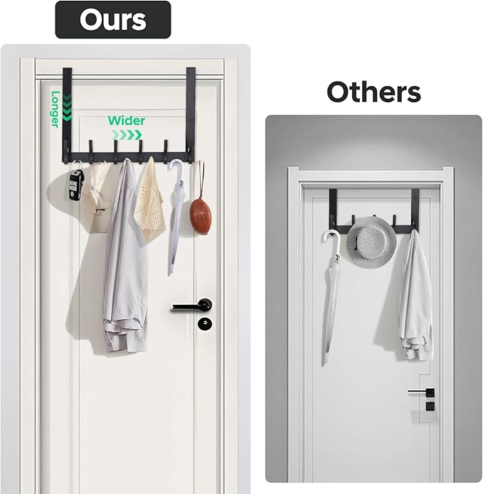 2 Pack Over The Door Hooks - NO NAIL over door hanger holder,NO ASSEMBLY REQUIRED large over the door towel rack with 12 hooks, heavy duty hooks for bathroom,bedroom,hanging towels,coats (Black)