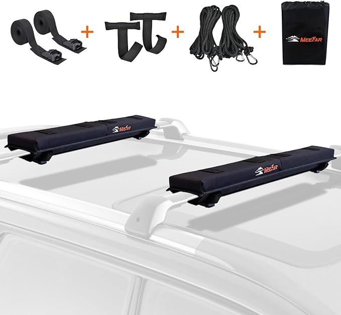 MeeFar Universal Car Soft Roof Rack Pads Luggage Carrier Rack for Kayak Surfboard SUP Canoe Include 2 Heavy Duty Tie Down Straps, 2 Tie Down Rope, 2 Quick Loop Strap