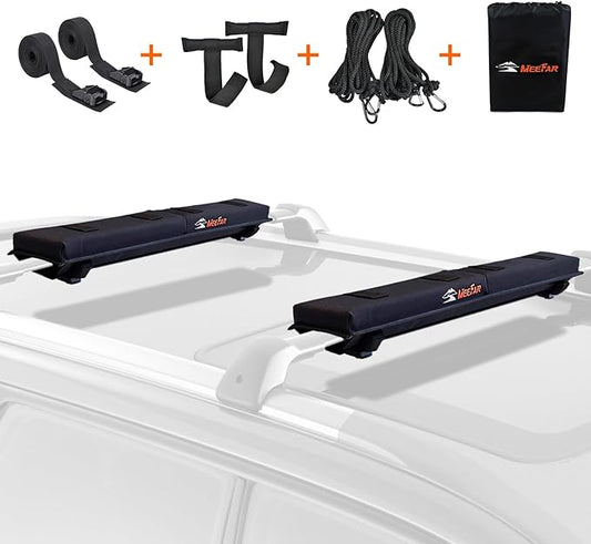 MeeFar Universal Car Soft Roof Rack Pads Luggage Carrier Rack for Kayak Surfboard SUP Canoe Include 2 Heavy Duty Tie Down Straps, 2 Tie Down Rope, 2 Quick Loop Strap