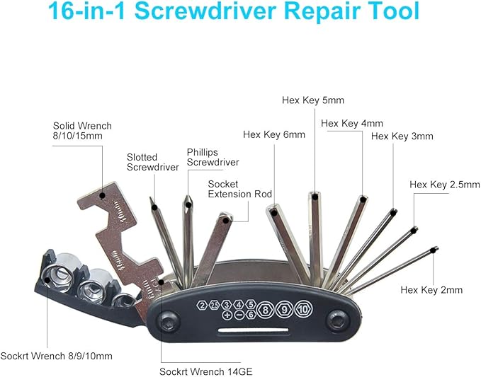 Chumxiny Bike Repair Kit Contains 16-in-1 Tool, 120Psi Mini Bicycle Pump, Tire Patch, Used for Mountain/Road Bike.(Blue)