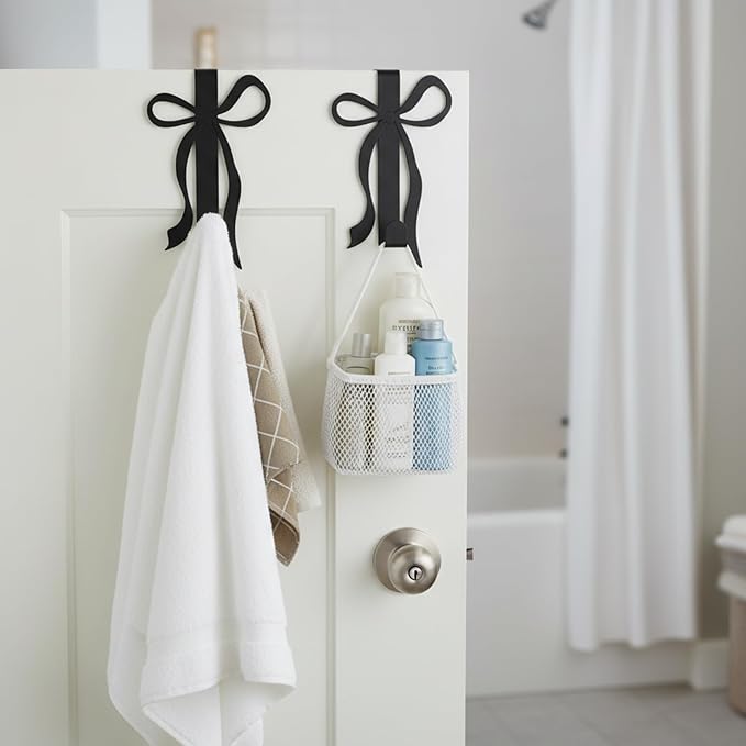 Chunful 2 Pack Black Bow Over The Door Hook, Metal Strong Door Hanger Hook Coquette Room Decor Bow Accessories for Cabinet Living Room Bathroom Bedroom Kitchen Hanging Clothes Towels Hats Coats Bags