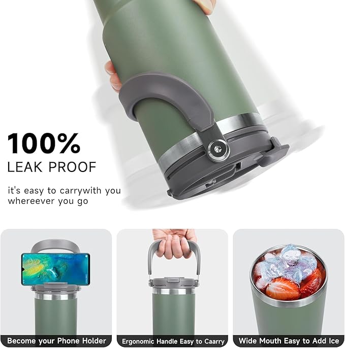 TYESO Tumbler with Handle,Tumbler with Straw, Vacuum Insulated Water Bottle,Double Wall Stainless Steel Coffee Cup Travel Mug Leak Proof Flip (Green, 40 oz)