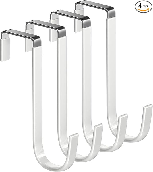 Over the Door Hooks 4Pcs L=5.5" Fit 1 3/8" Door Steel with White Rubber Coating Hanging Towel Robe Clothing Hanger for Bathroom Room Wreath Ironing Board Holder Cute Thin Single Heavy Duty
