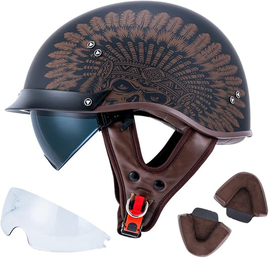 VCOROS Half Helmet Motorcycle DOT Approved Open Face Helmet F07 with Sun Visor and Quick Release Buckle for Adults Men and Women (F07-Indian,L)