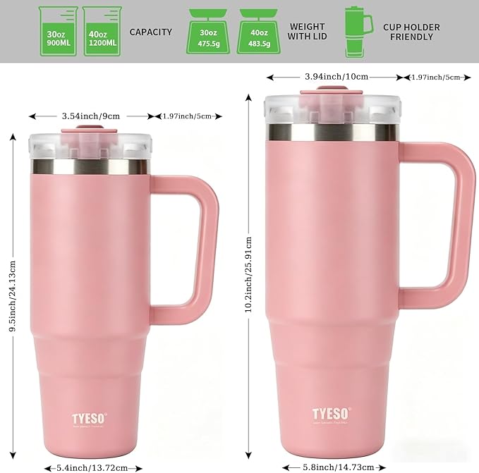 TYESO Vacuum Insulated Tumbler Water Bottle Cold Insulation Stainless Steel Bottle Straw Handle Mug Double Wall Wide Mouth (PINK, 40 oz)