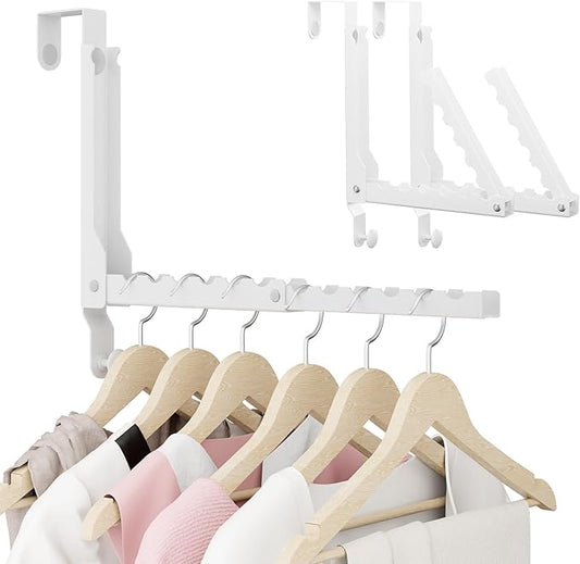 BAKON Over The Door Hangers, Over Door Hooks for Hanging, Small Space Dual Folding Portable Over Door Clothes Hanger for Clothes, Hats, Bags and Towels. (2, White(Update))