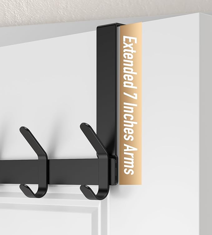 KitchLife Over The Door Hooks with 7" Extended Arms, Fits 1-3/8" Doors, J18U, Heavy Duty Bathroom & Closet Towel Rack, Double-Hooks Hanger 1 Pack, Matte Black