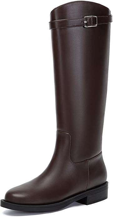 Athlefit Women's Knee High Riding Boots Round Toe Low Heel Tall Boots Pull On Long Booties with Buckle