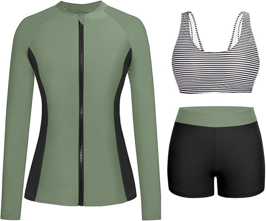 Holipick Long Sleeve Swimsuits for Women - 3 Piece Rash Guard with Shorts Zipper SPF Swim Shirt with Built in Bra