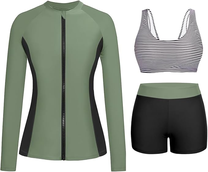 Holipick Long Sleeve Swimsuits for Women - 3 Piece Rash Guard with Shorts Zipper SPF Swim Shirt with Built in Bra