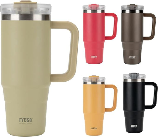 TYESO Vacuum Insulated Tumbler Water Bottle Cold Insulation Stainless Steel Bottle Straw Handle Mug Double Wall Wide Mouth (KHAKI, 40 oz)
