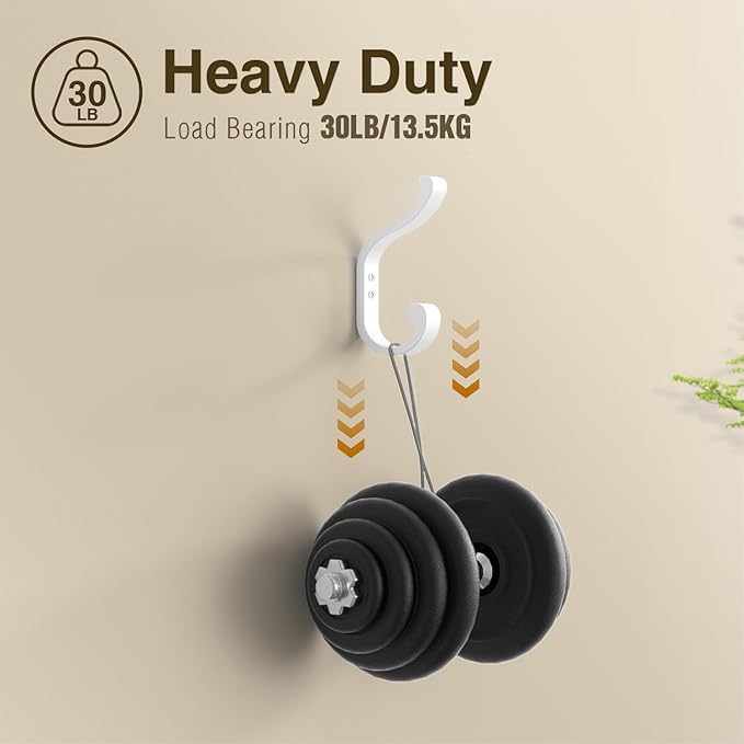 Large Wall Hooks For Hanging Coat: Metal Coat Hooks Wall Mount - Wall Hooks For Hanging Heavy Duty (30Lb) - Screw In Hooks - Mudroom Hooks for clothes, Backpack, Purse, Bathroom Towel (White, 6 Pack)