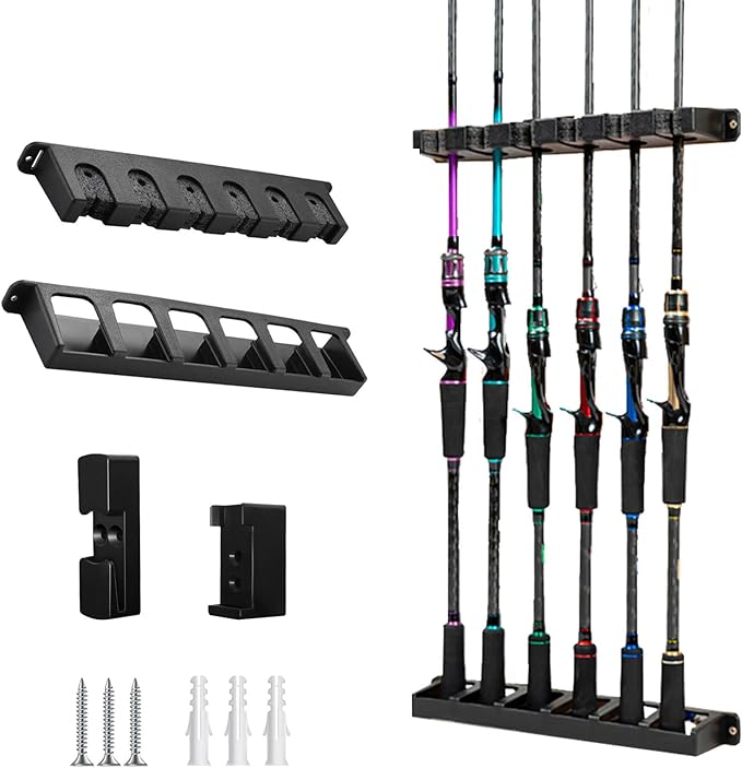 Fishing Rod Holder for Garage Fishing Pole Holders Fishing Rod Rack Vertical Wall-Mounted for Garage Stores 6 Rods or Combos Fits Most Rod Diameters (Black With 2 Type reel rack)