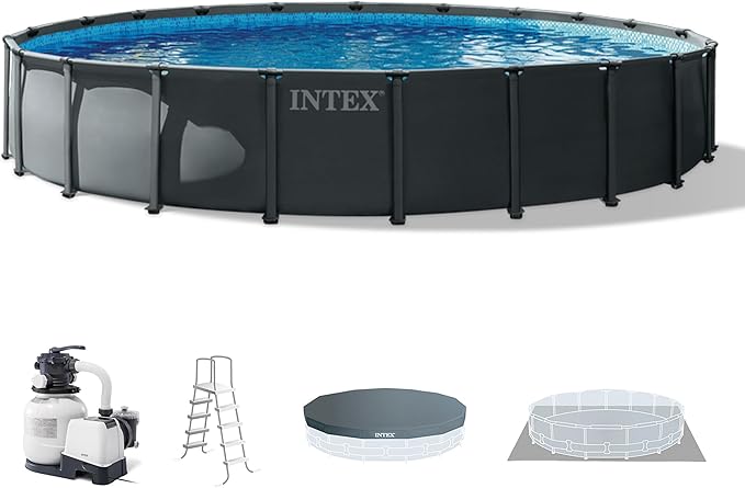 INTEX ウルトラXTR 22フィート x 48インチ 地上プールセット、スチールフレーム円形プール、2100 GPH砂フィルターポンプ、はしご、カバー、グラウンドクロス付き
