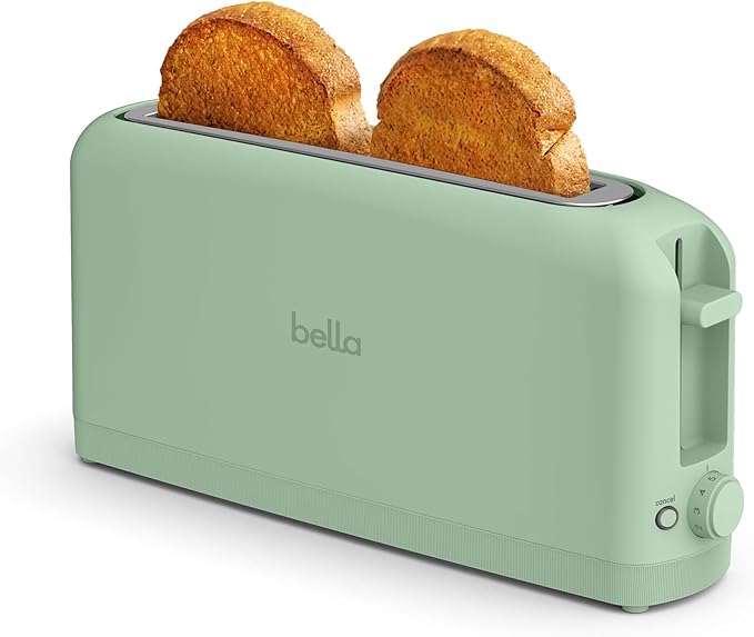 bella 2スライス スリムトースター、どんな場所にもフィットする™キッチンウェア、6段階焼き色調節、再加熱＆キャンセルボタン、サワードウ対応、10インチロングスロット、パン詰まり防止＆自動電源オフ、900W、シーグラス