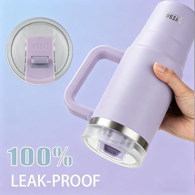 TYESO Vacuum Insulated Tumbler Water Bottle Cold Insulation Stainless Steel Bottle Straw Handle Mug Double Wall Wide Mouth (PURPLR, 40 oz)