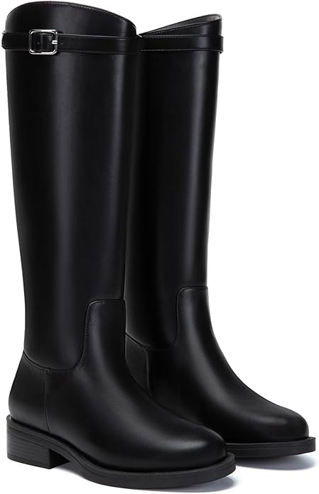 Athlefit Women's Knee High Riding Boots Round Toe Low Heel Tall Boots Pull On Long Booties with Buckle