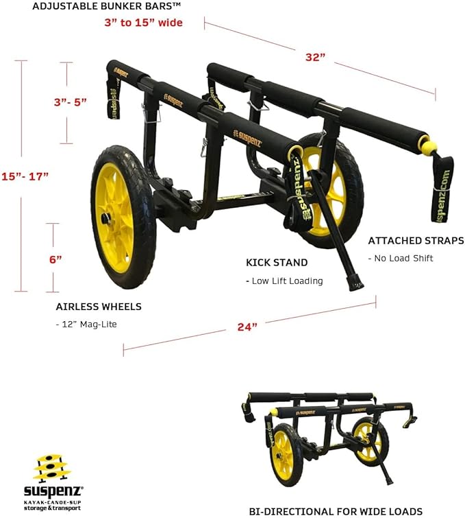 Suspenz Fishing Kayak Cart Trolley | Heavy Duty Canoe Carrier Trailer with Adjustable Bi-Directional Bunker Bars and Airless Wheels | Catch-All Universal Airless Cart (22-9909)