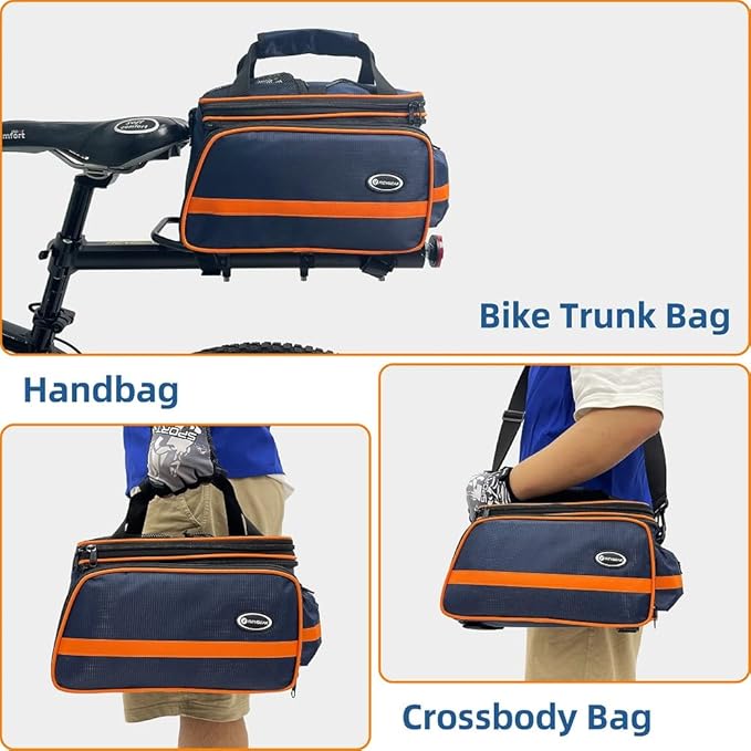 reygeak Bike Rack Bag, 25L Multi-functional Polyester Saddle Trunk Shoulder Panniers for Bicycle, Black Large Capacity Extensible Luggage for Adults, with Rainproof Cover (Blue Orange)
