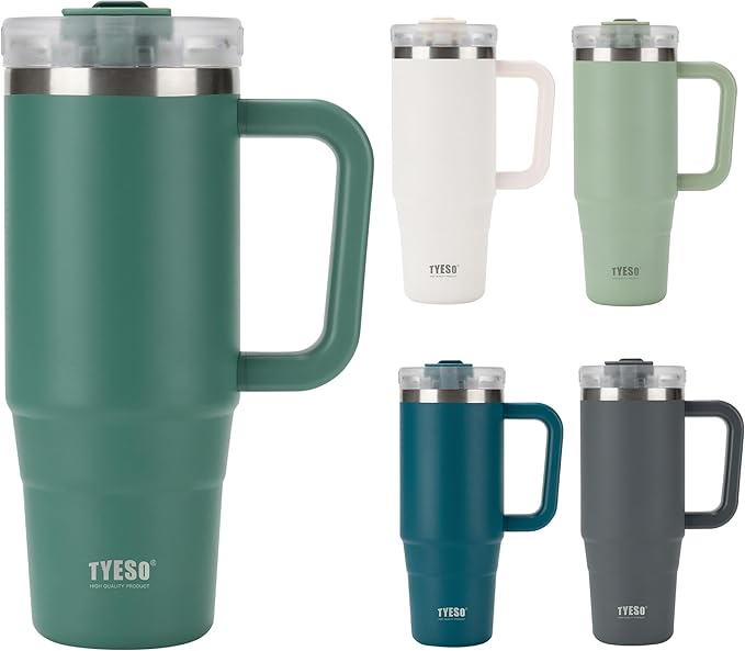 TYESO Vacuum Insulated Tumbler Water Bottle Cold Insulation Stainless Steel Bottle Straw Handle Mug Double Wall Wide Mouth (DARK GREEN, 40 oz)