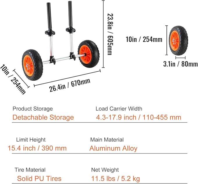 Happybuy Heavy Duty Kayak Cart, 280lbs Capacity, Detachable Canoe Trolley with 10'' Solid Tires, Adjustable Width & Foam Protection, for Kayaks with Drain Holes 2.54cm+