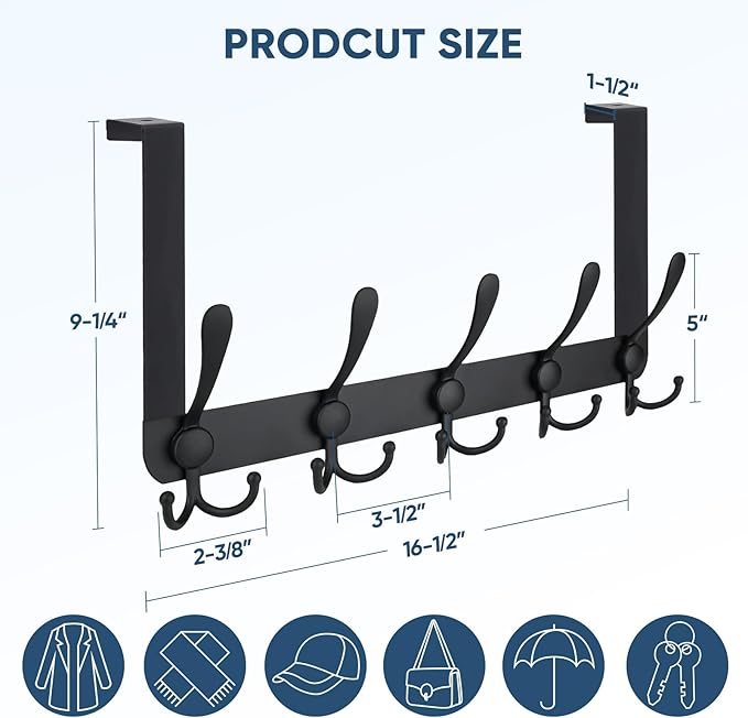 TICONN Over The Door Hooks, 5 Heavy Duty Tri Coat Rack All Metal Coat Hanger for Bathroom Bedroom Dorm (Matte Black, 1PK, Fit 1-3/8" Doors)