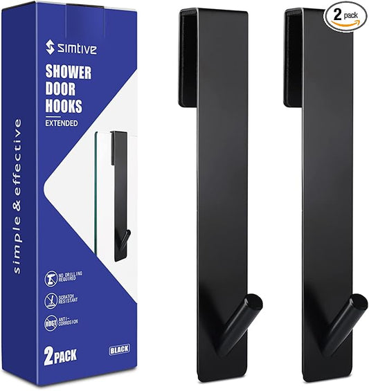 Simtive Extended Shower Door Hooks (7-Inch), Over Door Hooks for Bathroom Frameless Glass Shower Door, Towel Hooks, 2-Pack, Black