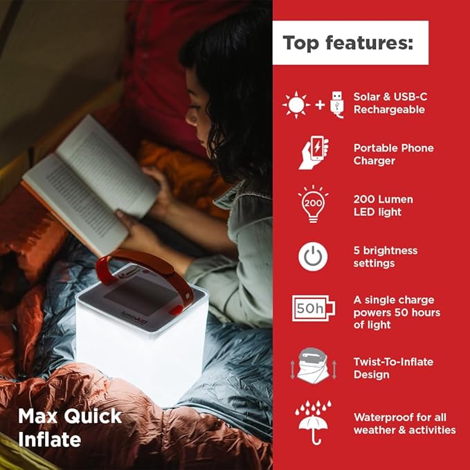 LuminAID Max クイックインフレート 2-in-1 ソーラーキャンプランタン＆電話充電器 - キャンプ、ハイキング、旅行用充電式LEDランプ - 停電、ハリケーン、サバイバルキット用防水緊急ライト