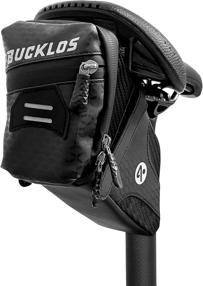 BUCKLOS Bike Saddle Bag, 0.8L Water Resistant Under Seat Bag, 3D Shell 600D Polyester Cycling Wedge Pack with Reflective Strips & Taillight Hanger for Mountain & Road Bikes, Black