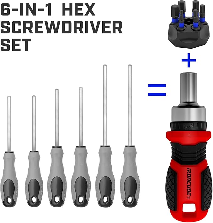 IRONCUBE Magnetic Hex Screwdriver Set: 6 in 1 Multi Bit Drive Set with Interchangeable Ratchet Handle - Portable Repair Tool Kit for DIY Bicycle Furniture - Stocking Stuffers with Gift Box
