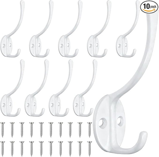 10 Pack Coat Hooks Wall Mounted with 20 Screws, Heavy Duty White Towel Hooks Metal Double Hooks, No Rust Retro Rustic Wall Hooks for Hanging Towel, Coat, Scarf, Bag, Hat, Cup, Key