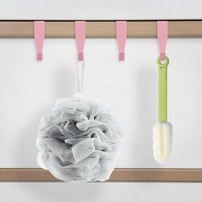 5 Pcs Over Cabinet Door Hooks Sturdy Single Metal Over Door Hanger Electroplate Metal Hook Cabinet Storage Hook for Hanging Towels Clothes Bags Cubicle Bathroom Use(Pink)