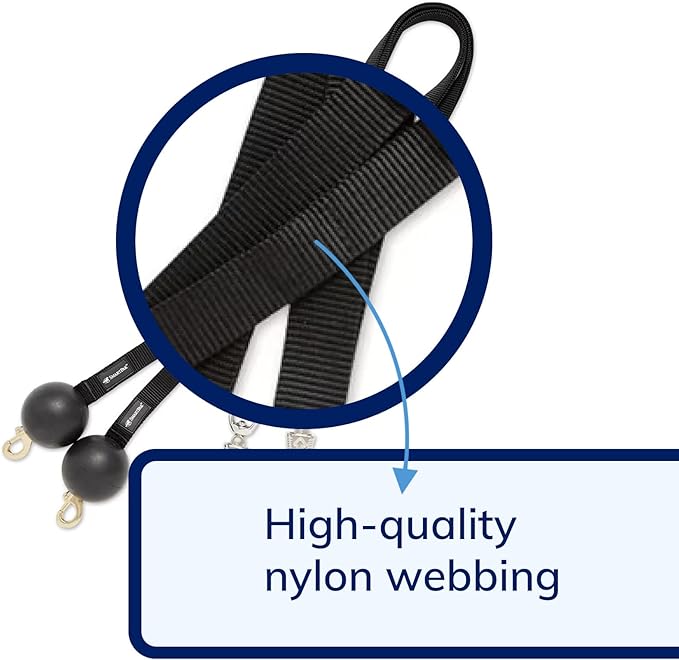 Quiet Drop Horse Cross Ties in Black Nylon Webbing | 3 Inch Diameter Rubber Ball | Adjustable Slider Buckle | Panic Snap | Sold in Pairs (2)