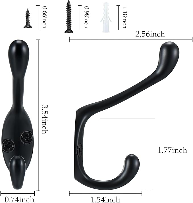 Coat Hooks 5 Pack-Heavy Duty Wall Mounted Matte Black Door Hooks Double Prong Hooks for Hanging Clothes/Towels/Key-Suitable for Bedroom/Bathroom/Entryway and Replaced